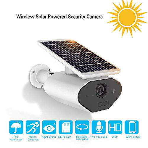 Outdoor Solar Powered Security Camera Low Power Rechargeable Battery Wire Free Solar WiFi Camera 960P IP66 Waterproof Outdoor Wireless Security Camera,Night Vision,Motion Detection,for Android and iOS 